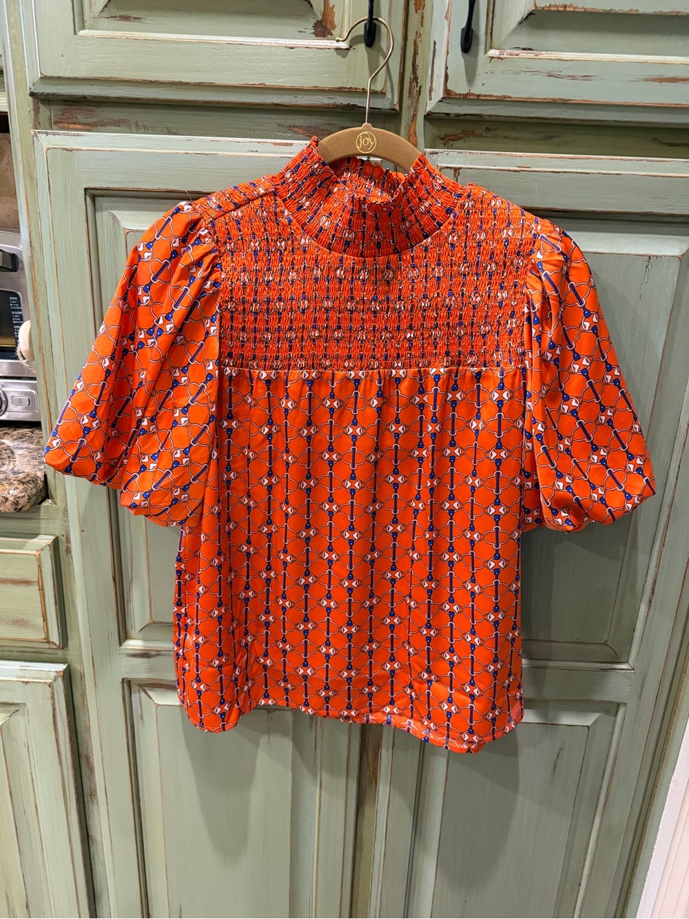 THML Orange Geometric Smocked Neck Puff Sleeve Blouse